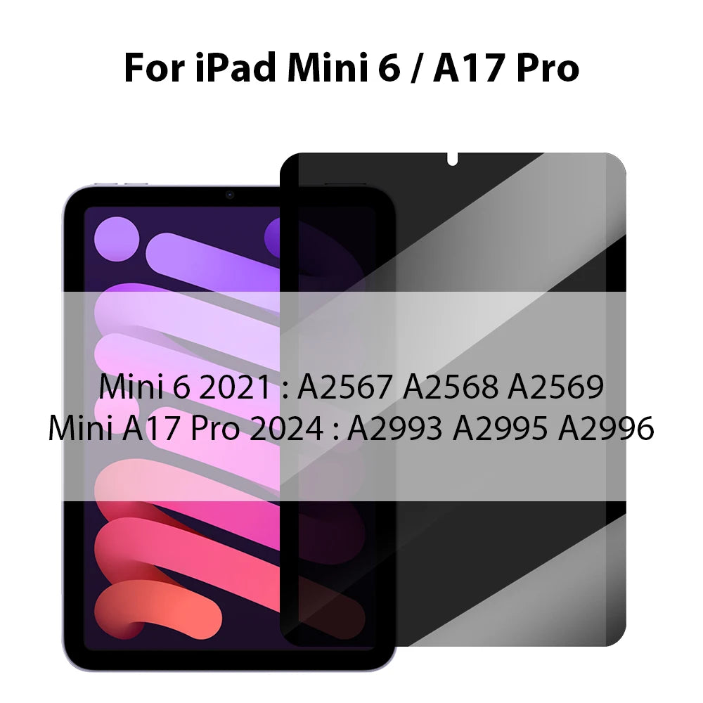 Privacy tempered glass screen protectors for iPad Mini 6 and A17 Pro models