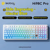 A white mechanical keyboard with blue and pink keycaps is shown next to promotional text for the Hi98C Pro.