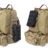 Olive green tactical MOLLE utility pouch and backpack with an attached black pouch