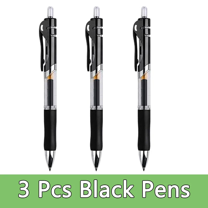 Tres bolígrafos negros mostrados verticalmente, resaltando el diseño y acabado de cada uno.
