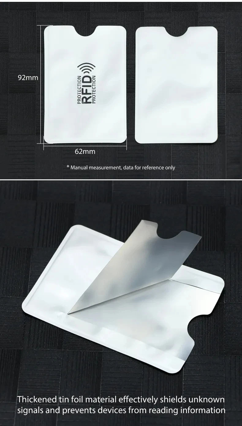 Support anti-RFID blanc montrant ses dimensions et son épaisseur.