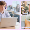 A young boy is using a laptop while wearing wired headphones in a school setting.