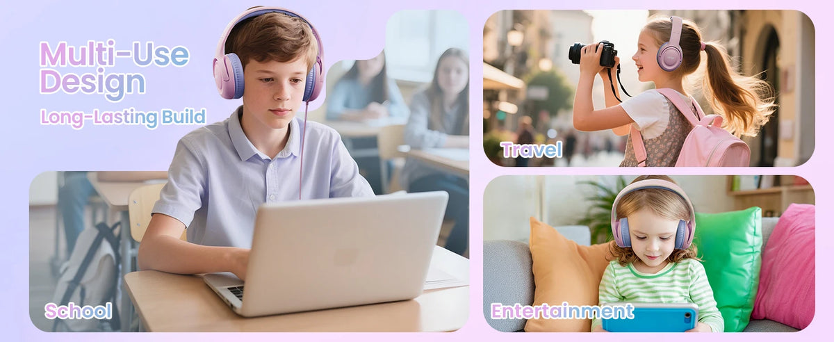 A young boy is using a laptop while wearing wired headphones in a school setting.