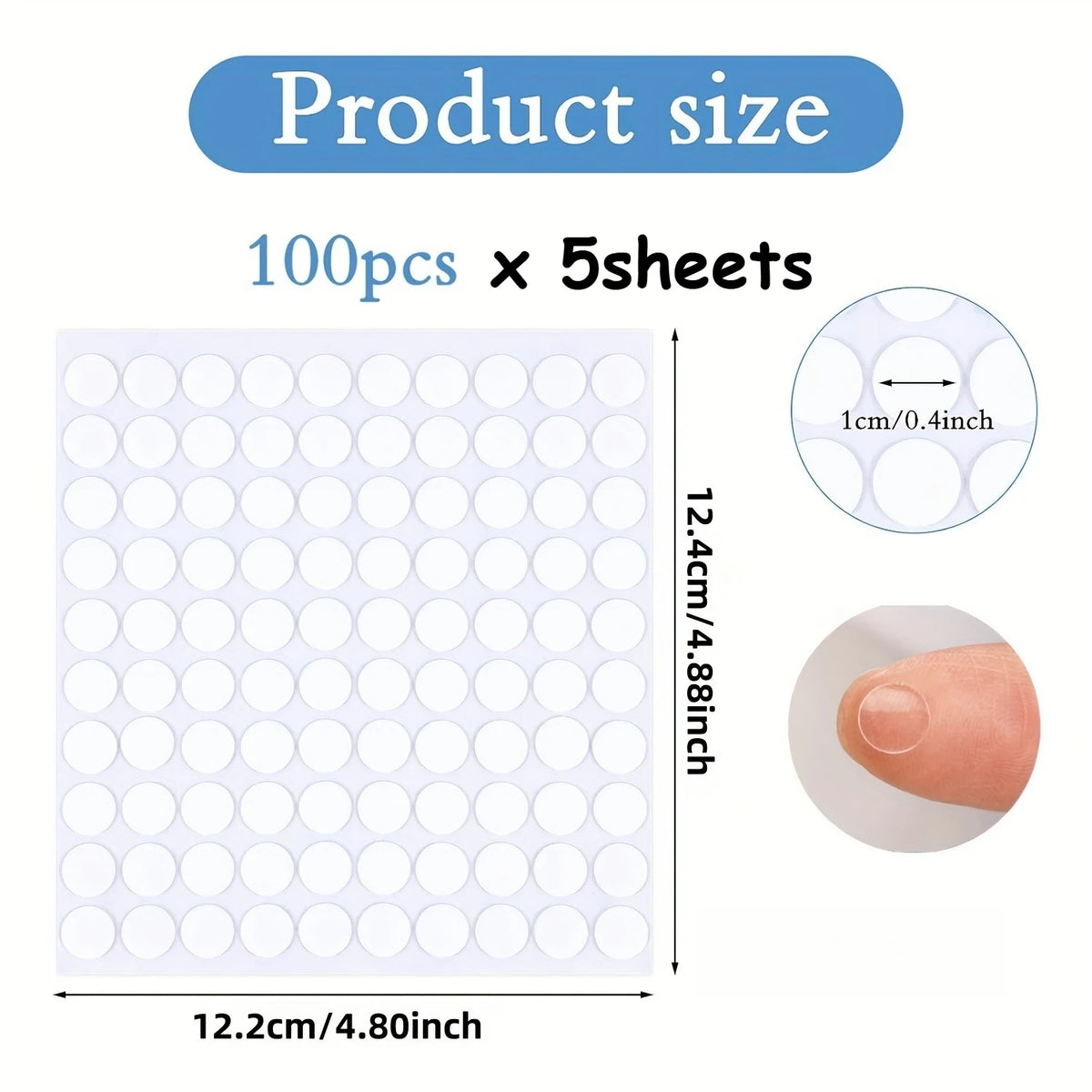A sheet of removable double-sided adhesive dots, measuring 12.2cm by 12.4cm, with a close-up of the dot size.