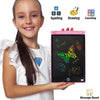 A smiling girl holds a pink portable LCD drawing tablet showing spelling, drawing, and counting activities.