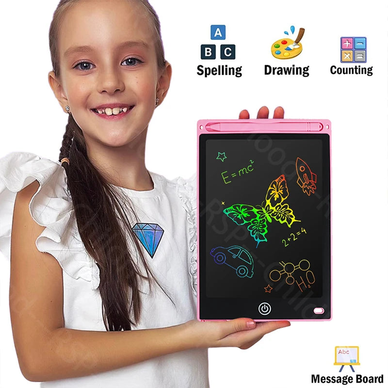 A smiling girl holds a pink portable LCD drawing tablet showing spelling, drawing, and counting activities.