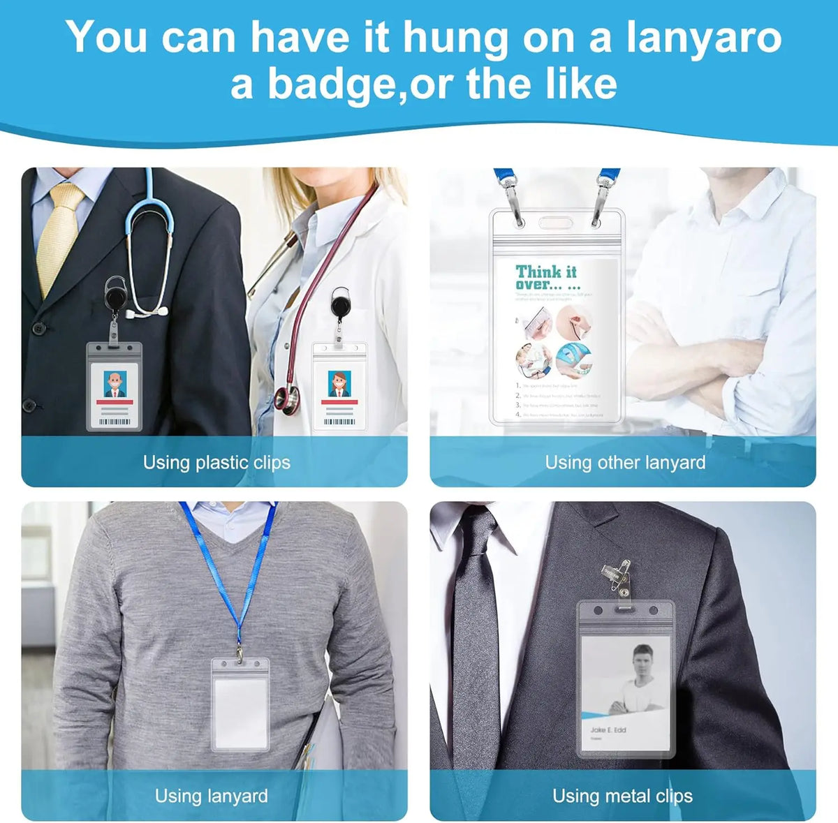 Various methods for hanging an ID card include plastic clips, lanyards, and metal clips.