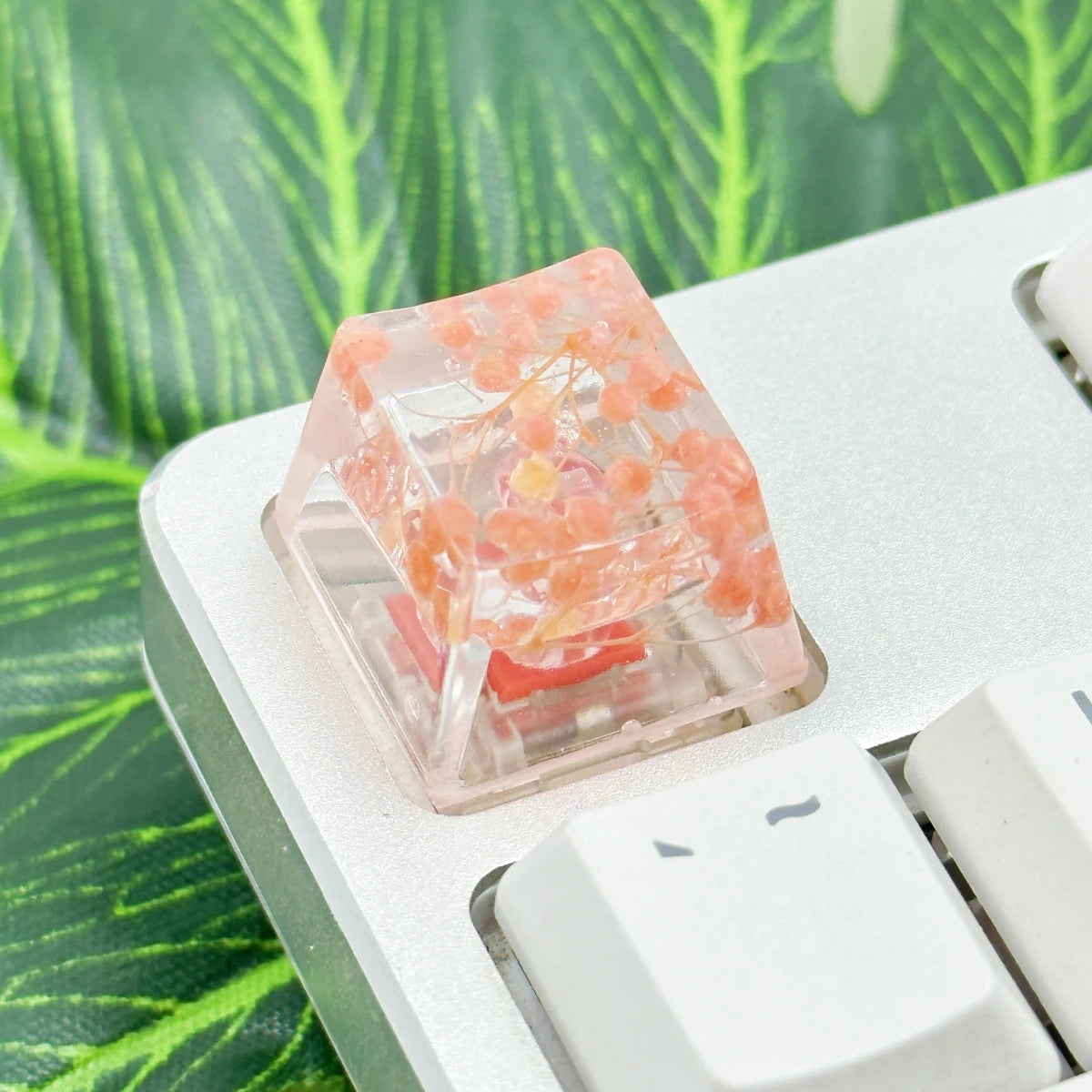 A small clear plastic container filled with translucent pink and orange botanical resin keycaps resting on a white mechanical