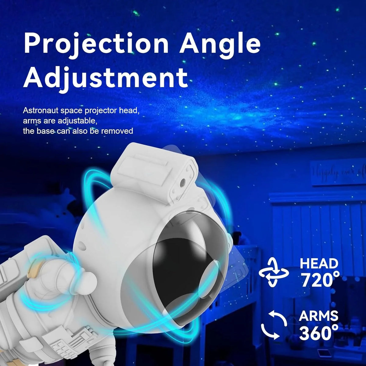 Tête et bras de réglage d'angle blanc pour projecteur spatial, lumière bleue luminescente.