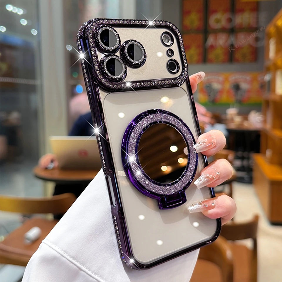 Eine Hand hält ein iPhone in einer glitzernden Diamant-magnetischen Hülle mit lila Ringdesign.
