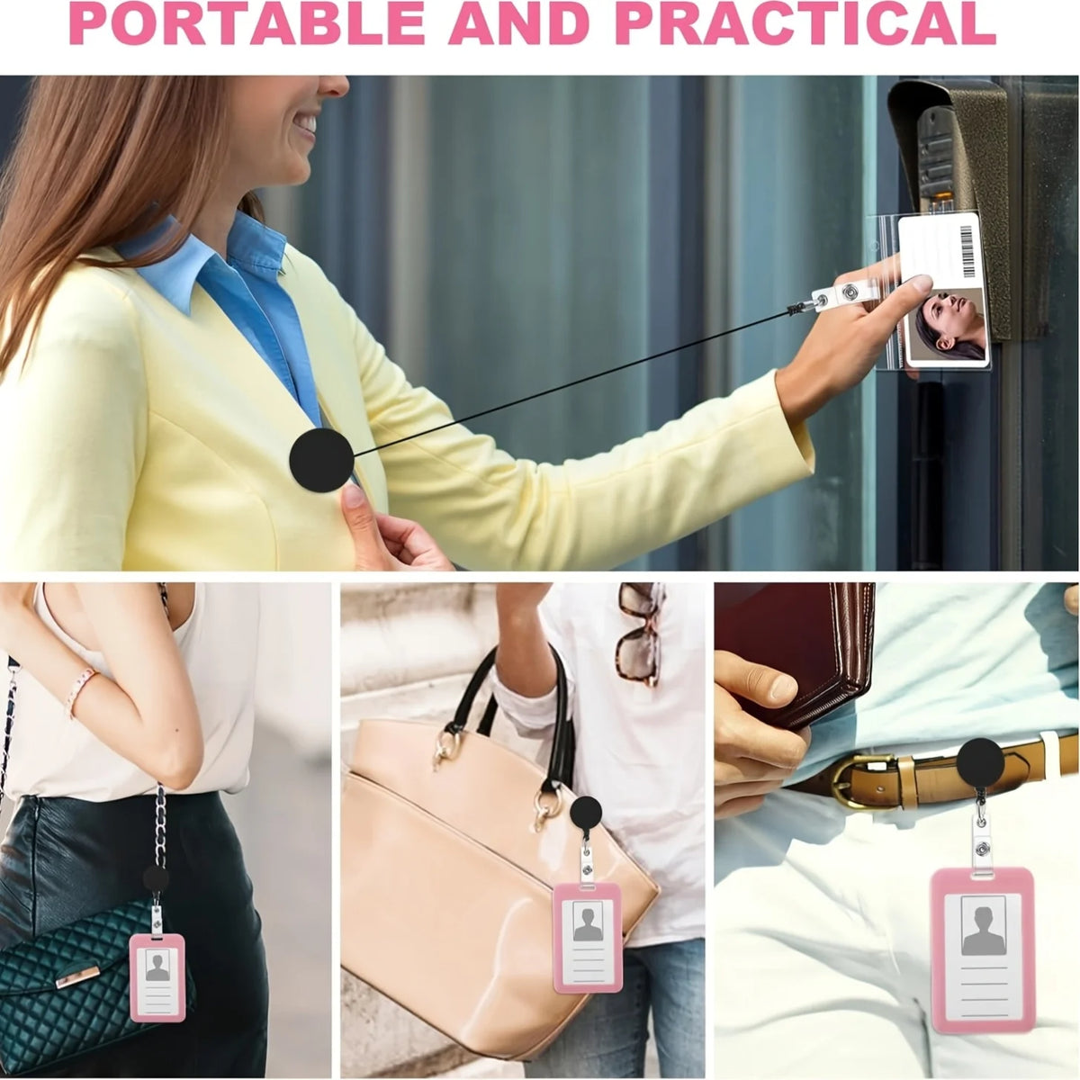 A woman uses a retractable badge reel with a crocodile clip to access an electronic device.