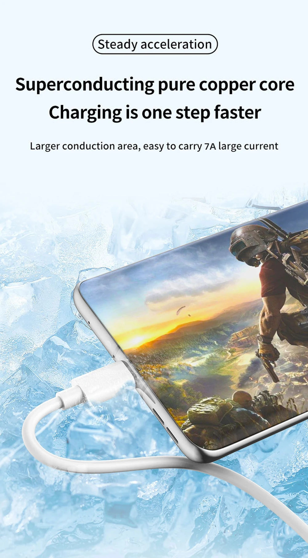 A close-up of a smartphone charging cable connected to a phone, set against a blue icy background.