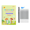 A practice copybook for preschoolers showing numbers 3, 4, and 5, along with a set of four magic exercise transcribing pens.