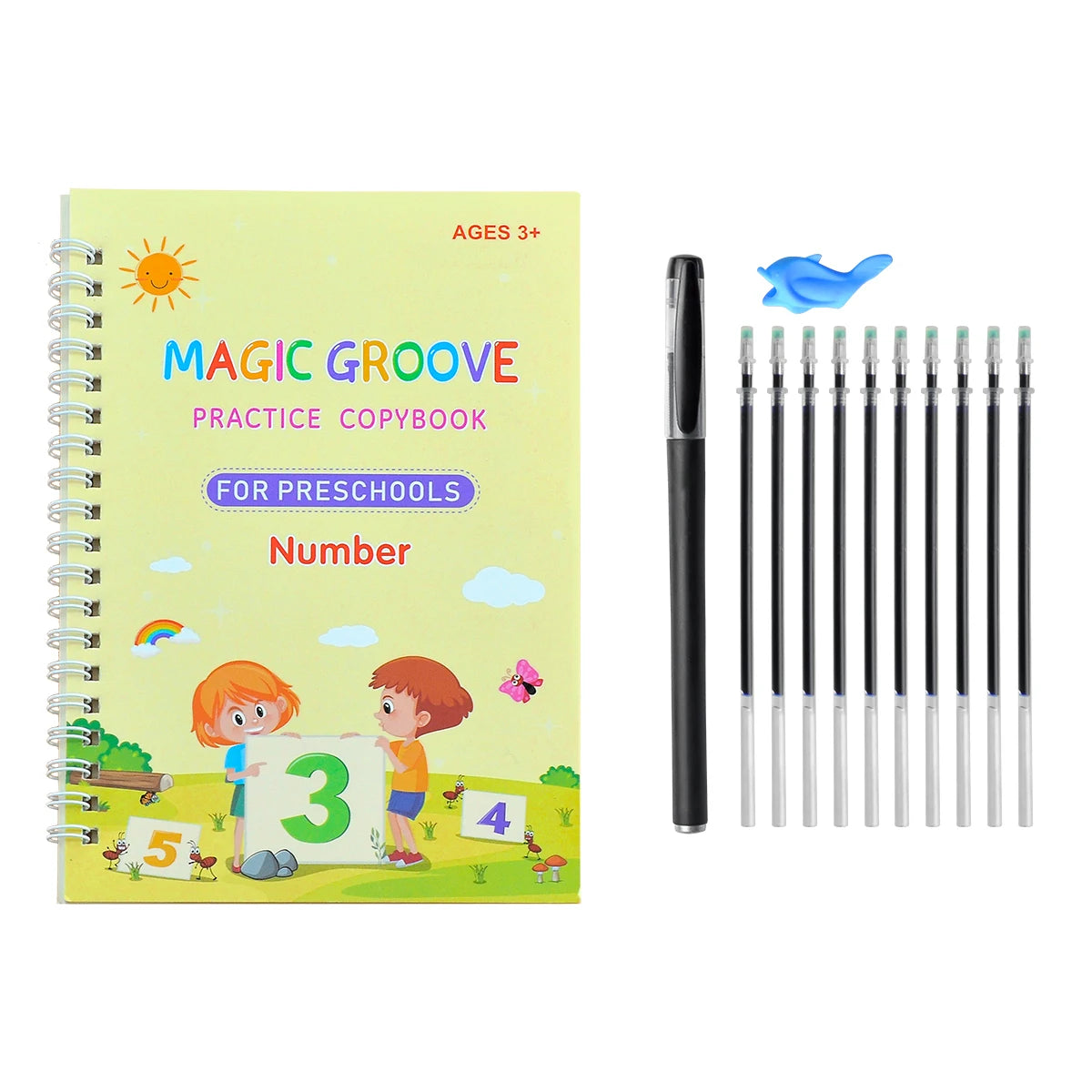 A practice copybook for preschoolers showing numbers 3, 4, and 5, along with a set of four magic exercise transcribing pens.