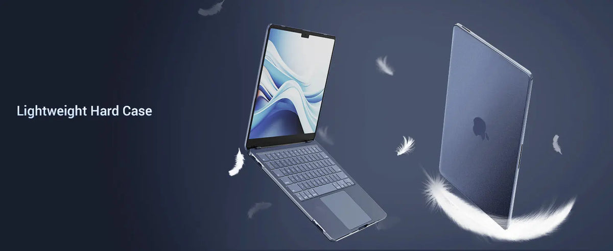 A lightweight hard case for a MacBook, shown in a dark blue color against a gray background.