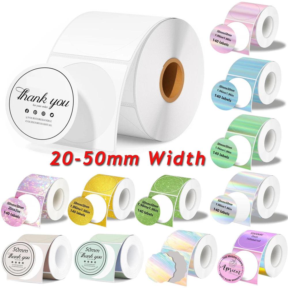 Rollos de etiquetas térmicas autoadhesivas en varios colores y anchos, incluyendo 20-50mm.