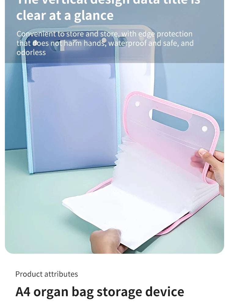 A pink accordion style storage device for A4 documents is shown open on a light green surface.