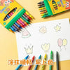 A collection of colorful washable non-stain crayons and drawing tools laid out on a white sheet of paper.