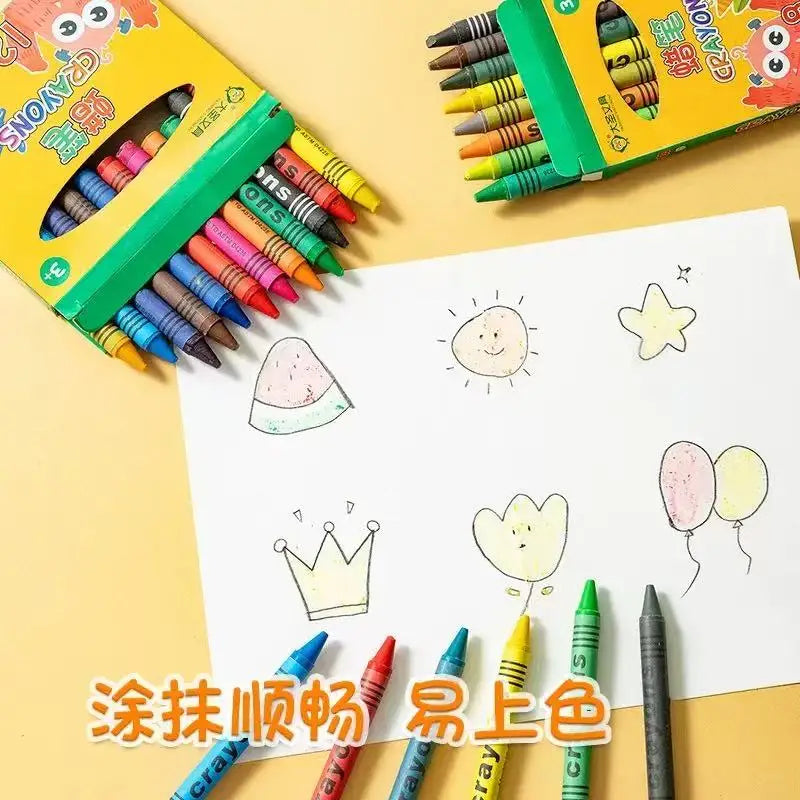 A collection of colorful washable non-stain crayons and drawing tools laid out on a white sheet of paper.