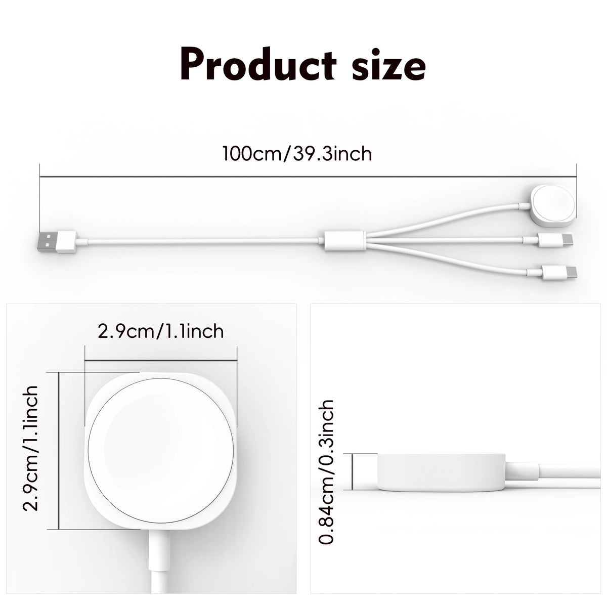 Cable de carga multi-dispositivo blanco de 3 en 1 con cable largo y cabeza de carga pequeña.
