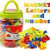A colorful magnetic letters and number set for children in a clear jar.