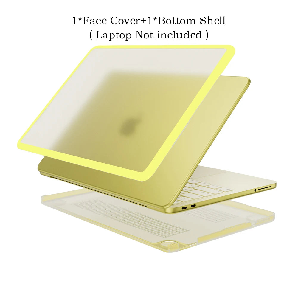 A gold-colored laptop shell and face cover are shown, with a laptop underneath.