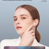 A woman is shown touching her ear, demonstrating the ENC call noise reduction feature of mini wireless Bluetooth earbuds.