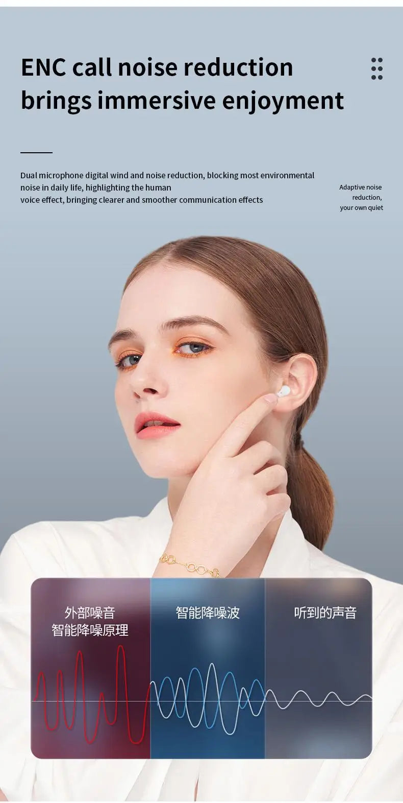A woman is shown touching her ear, demonstrating the ENC call noise reduction feature of mini wireless Bluetooth earbuds.