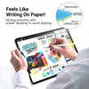 A hand writes on an iPad screen protected by a matte film, demonstrating smooth writing with proper damping.