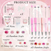 A collection of pink and clear acrylic beaded pens in various sizes, including bows, hearts, and round beads.