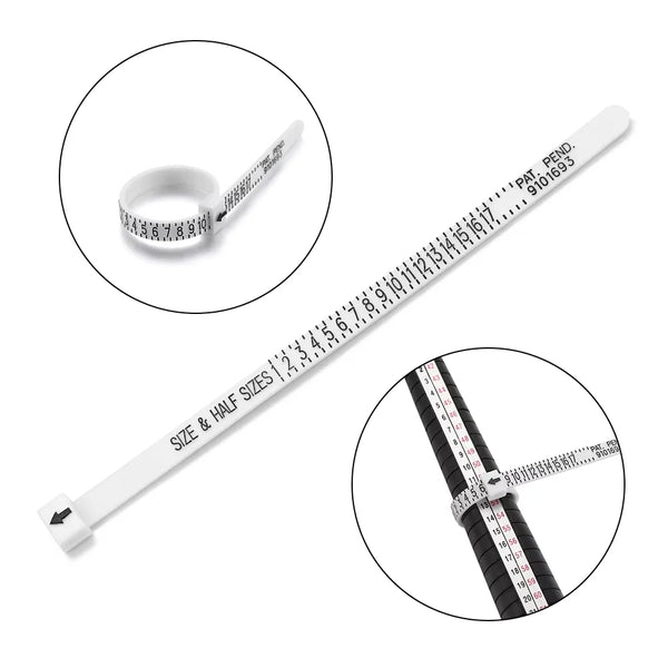 A white reusable ring sizer tool showing a coiled measuring tape and an expanded ruler view.