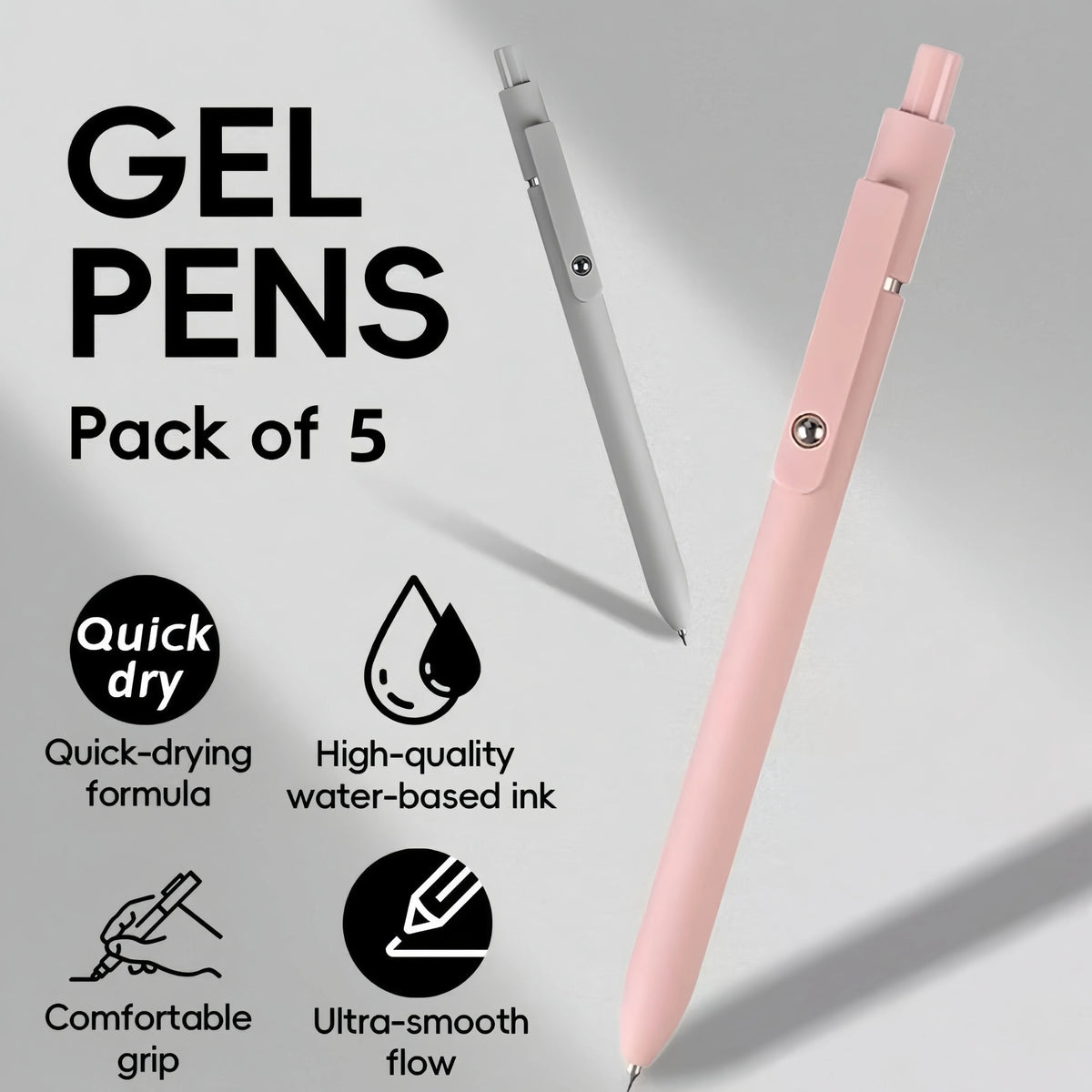 A pack of five soft touch gel pens in pink and silver, showing various features like quick-drying formula and comfortable gri