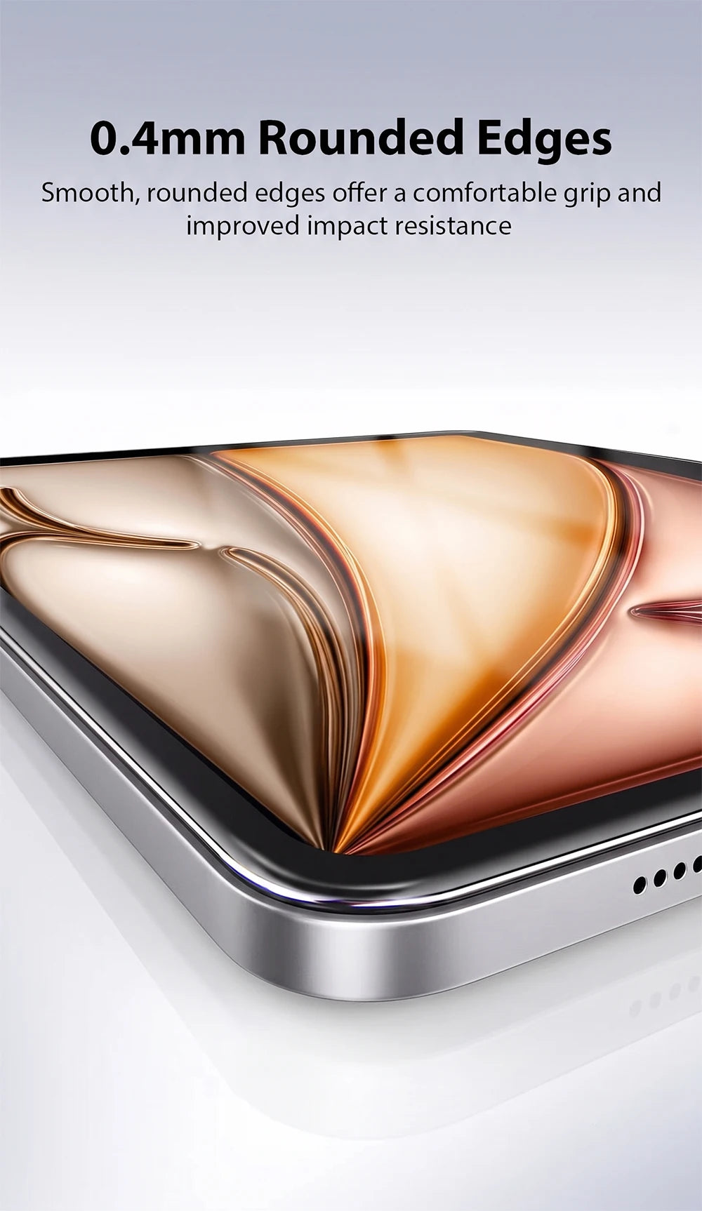 Close-up view of a smartphone with rounded edges and a clear glass screen protector.