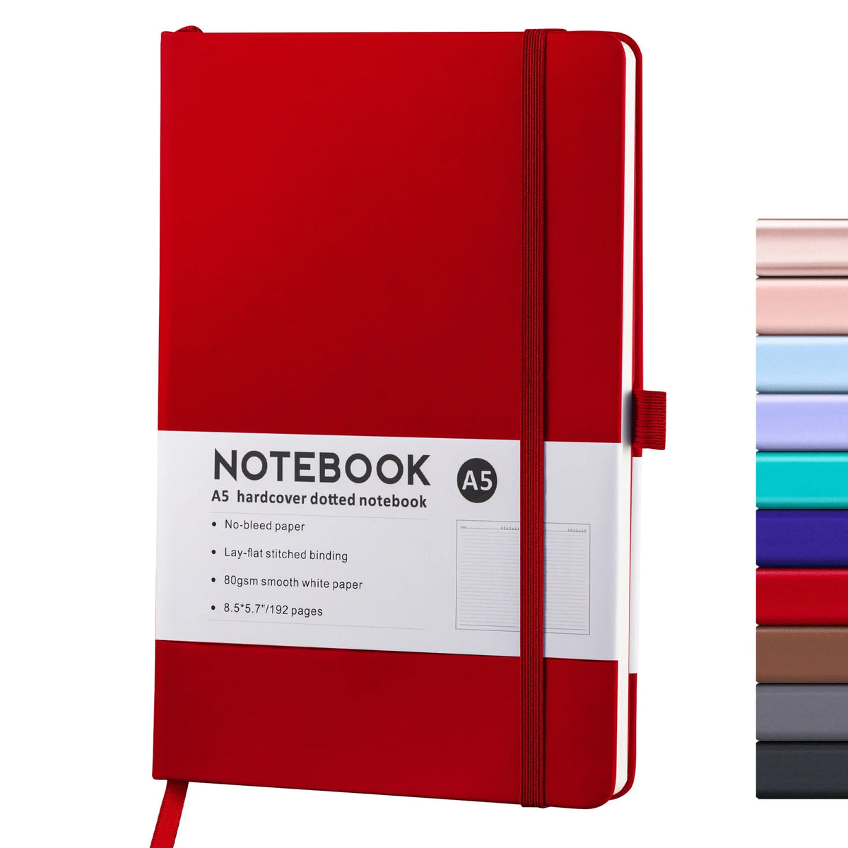 A red hardcover notebook with a black spine and white label showing specifications for an A5 dotted notebook.