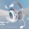 A white FIFINE RGB gaming headset is shown against a light blue background, highlighting its lightweight design and features.