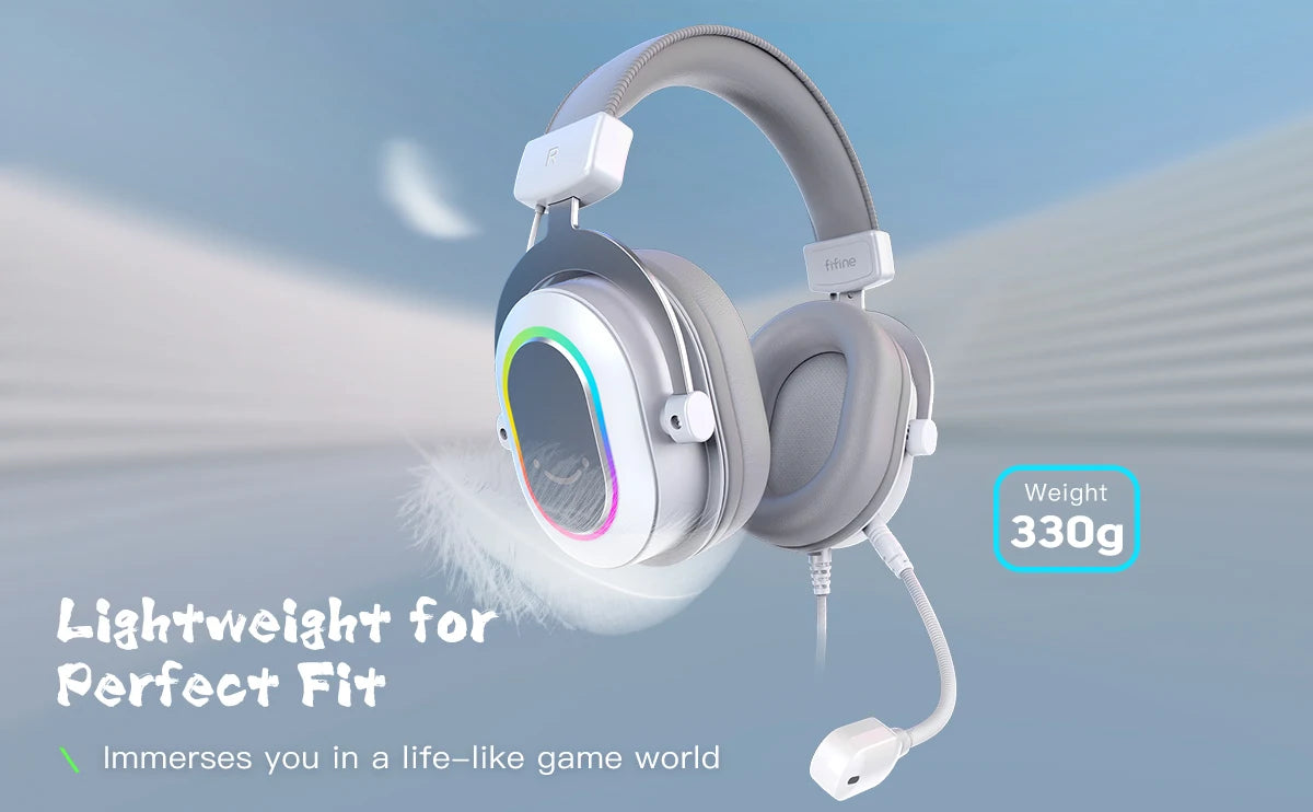 A white FIFINE RGB gaming headset is shown against a light blue background, highlighting its lightweight design and features.