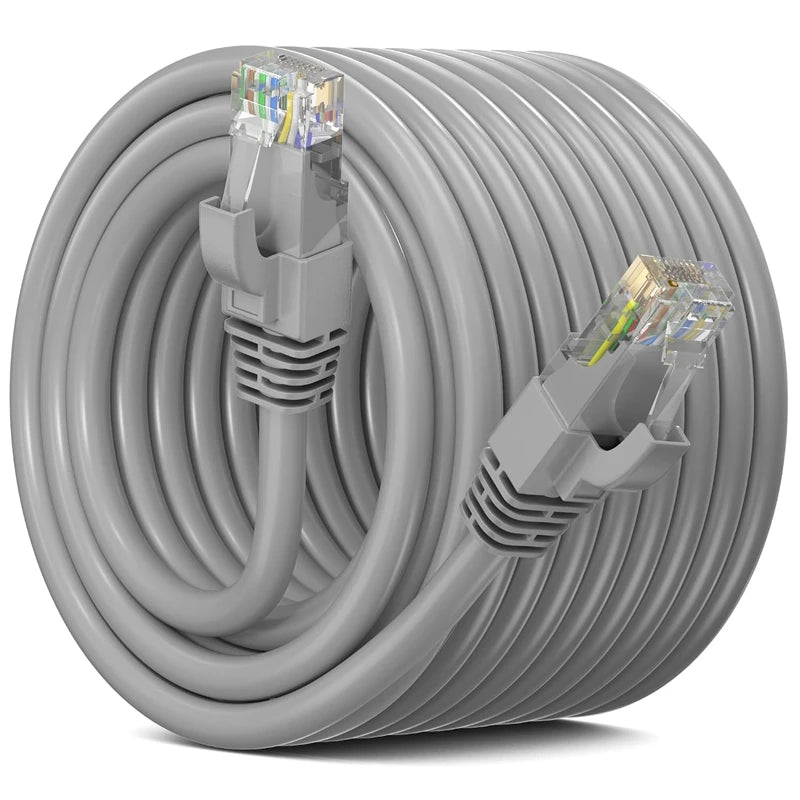 A coiled gray High-Speed Cat 6 Ethernet Network Cable with connectors visible.
