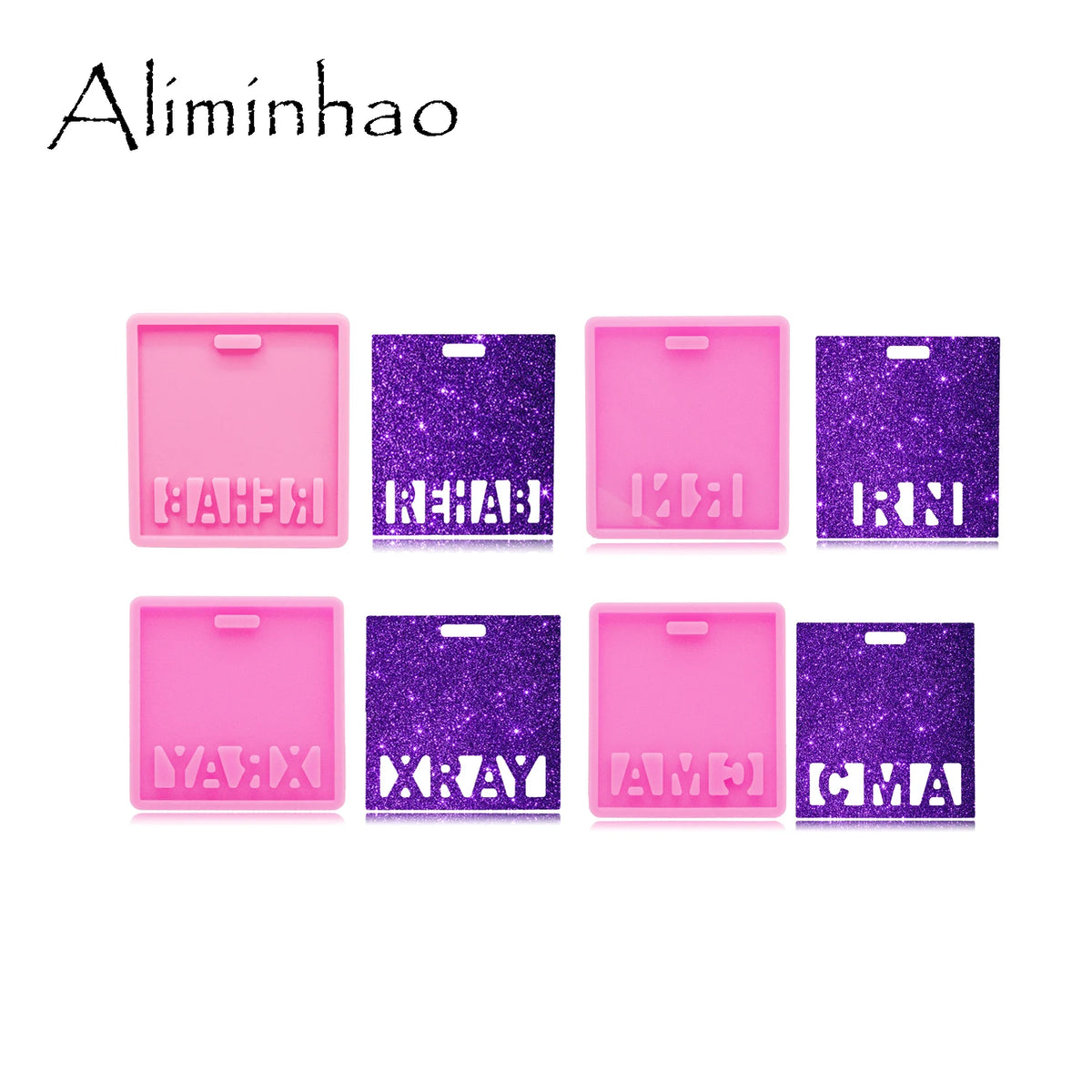 A set of pink silicone resin molds featuring glitter purple and pink lettering for crafting projects