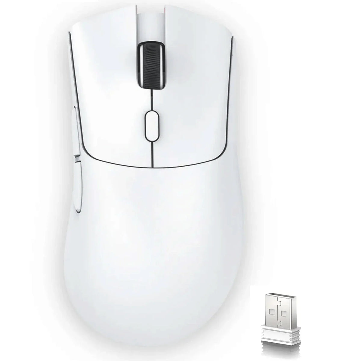A white high-performance wireless gaming mouse shown from the top view.