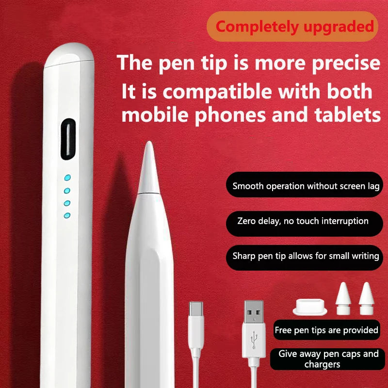 A white capacitive stylus pen is shown next to its charging cable and spare tips on a red background.