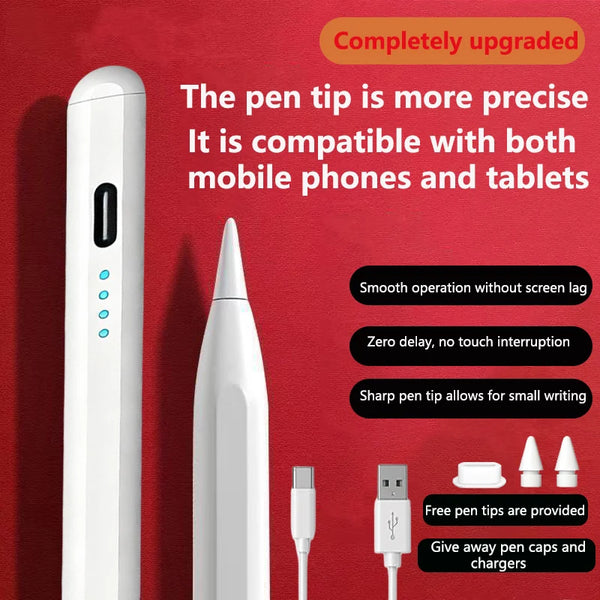 A white capacitive stylus pen is shown next to its charging cable and spare tips on a red background.