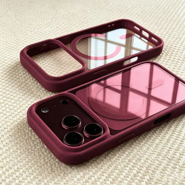 A deep magenta transparent acrylic phone case with a protective cover and multiple camera lenses.