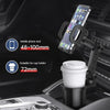A black universal car cup holder mount with a rotating phone rack and a cup holder adapter shown in a vehicle interior.