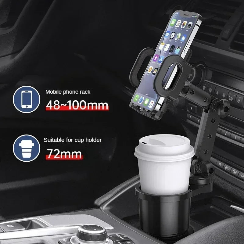 A black universal car cup holder mount with a rotating phone rack and a cup holder adapter shown in a vehicle interior.
