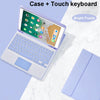 A purple Bluetooth keyboard case for an iPad, showing the tablet with a keyboard attached on a white marble surface.