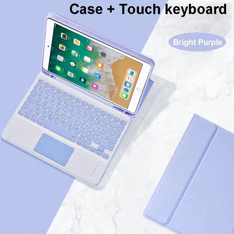 A purple Bluetooth keyboard case for an iPad, showing the tablet with a keyboard attached on a white marble surface.