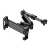 Black flexible car headrest mount designed to hold tablets and phones.