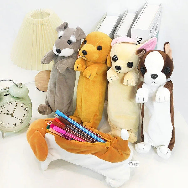 Adorable plush dog pencil case featuring a smooth zipper and various colored pencils.