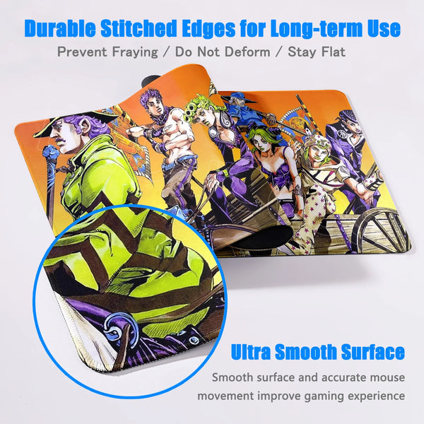 Anime-inspired gaming mouse pad featuring colorful characters and durable stitched edges