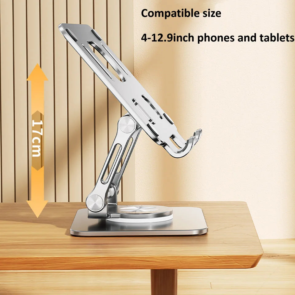 Silver adjustable tablet stand with a 17cm height, designed for 4-12.9 inch phones and tablets.